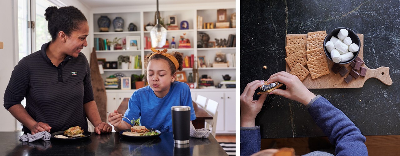 Mom and child eating lunch at the kitchen counter. Child making s'mores.