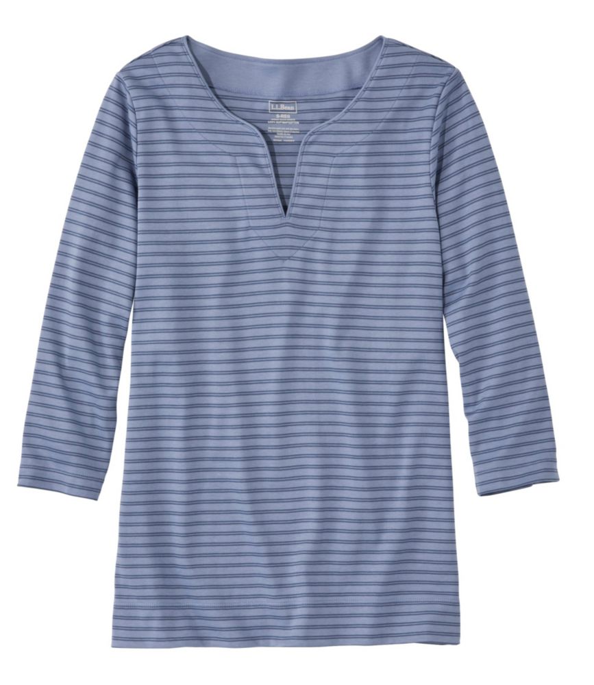 �s�}�E�R�b�g���E�e�B�A7���䑳�@�X�v���b�g�l�b�N�@�`���j�b�N�@�X�g���C�v�^Women's Pima Cotton Tunic, Three-Quarter-Sleeve Splitneck Stripe
