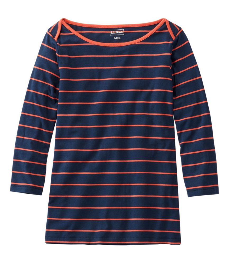 �\�t�g�E�X�g���b�`�E�X�[�s�}�E�e�B�A7���䑳�@�{�[�g�l�b�N�@�X�g���C�v�^Women's Soft Stretch Supima Tee, Three-Quarter-Sleeve Boatneck Stripe